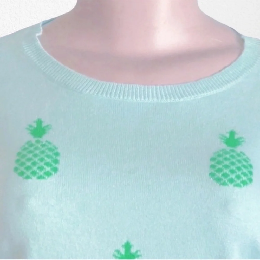 Two Bees Cashmere Allover Pineapple Print Pullover Sweater Aqua SZ M - Picture 6 of 10